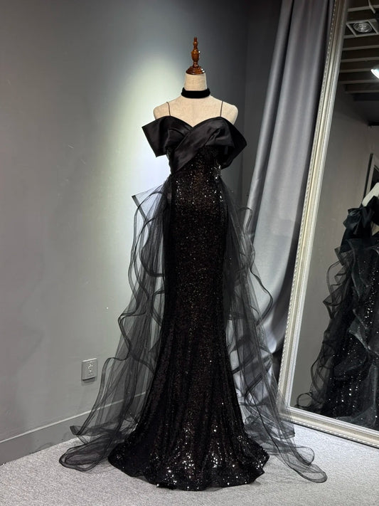 Girlhomeshops -Black shiny elegant long sequined tulle Prom dress evening gown graduation dress gh5107