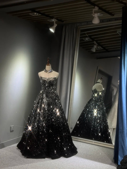 Girlhomeshops -Black silver gradient shimmering long sequined tulle ball gown evening dress gh5109