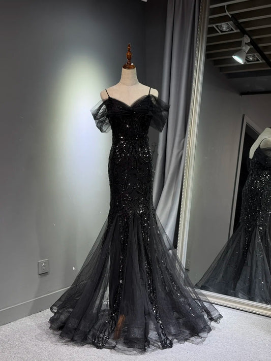 Girlhomeshops -Black shiny mermaid long sequined ball gown evening dress graduation dress gh5112