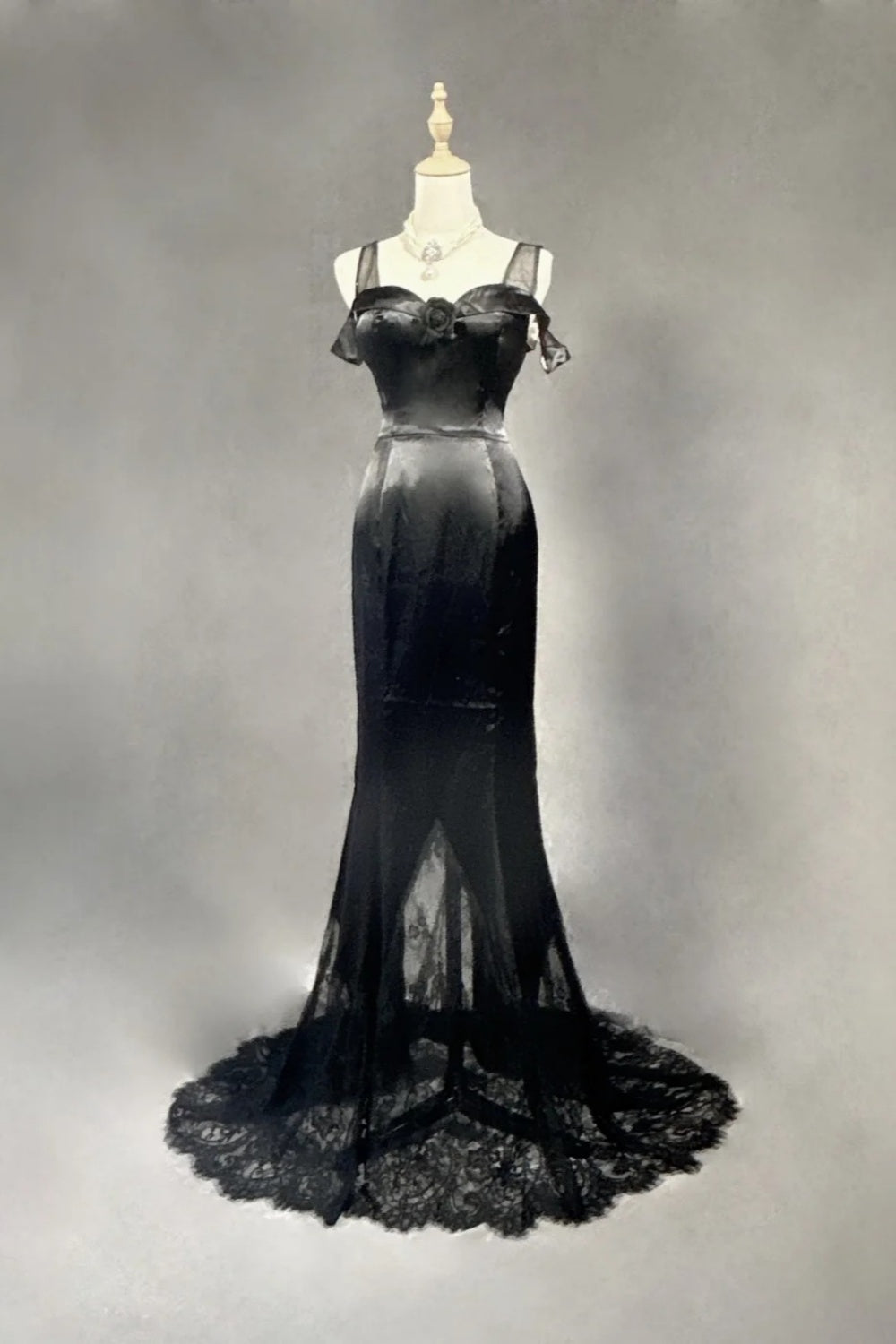 girlhomeshops-Black Satin Lace Long Dress gh6247