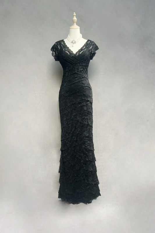 girlhomeshops-Black Vintage Beaded Long Lace Dress gh6243