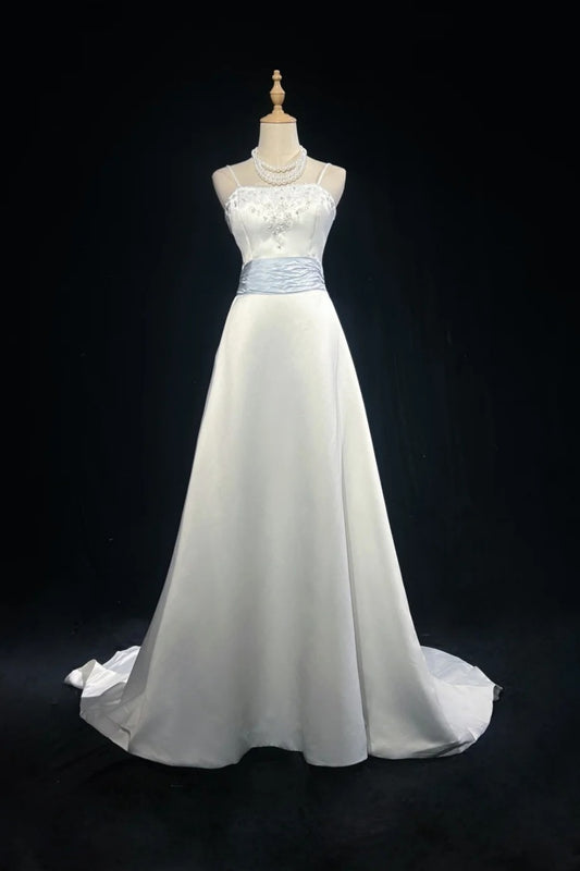 girlhomeshops-White And Blue Satin Long Dress With Delicate Beading gh6248