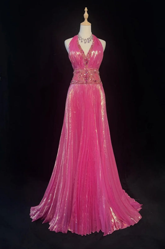 Pink Exquisite Pearl Embellishment Long Satin Formal Dress gh6774