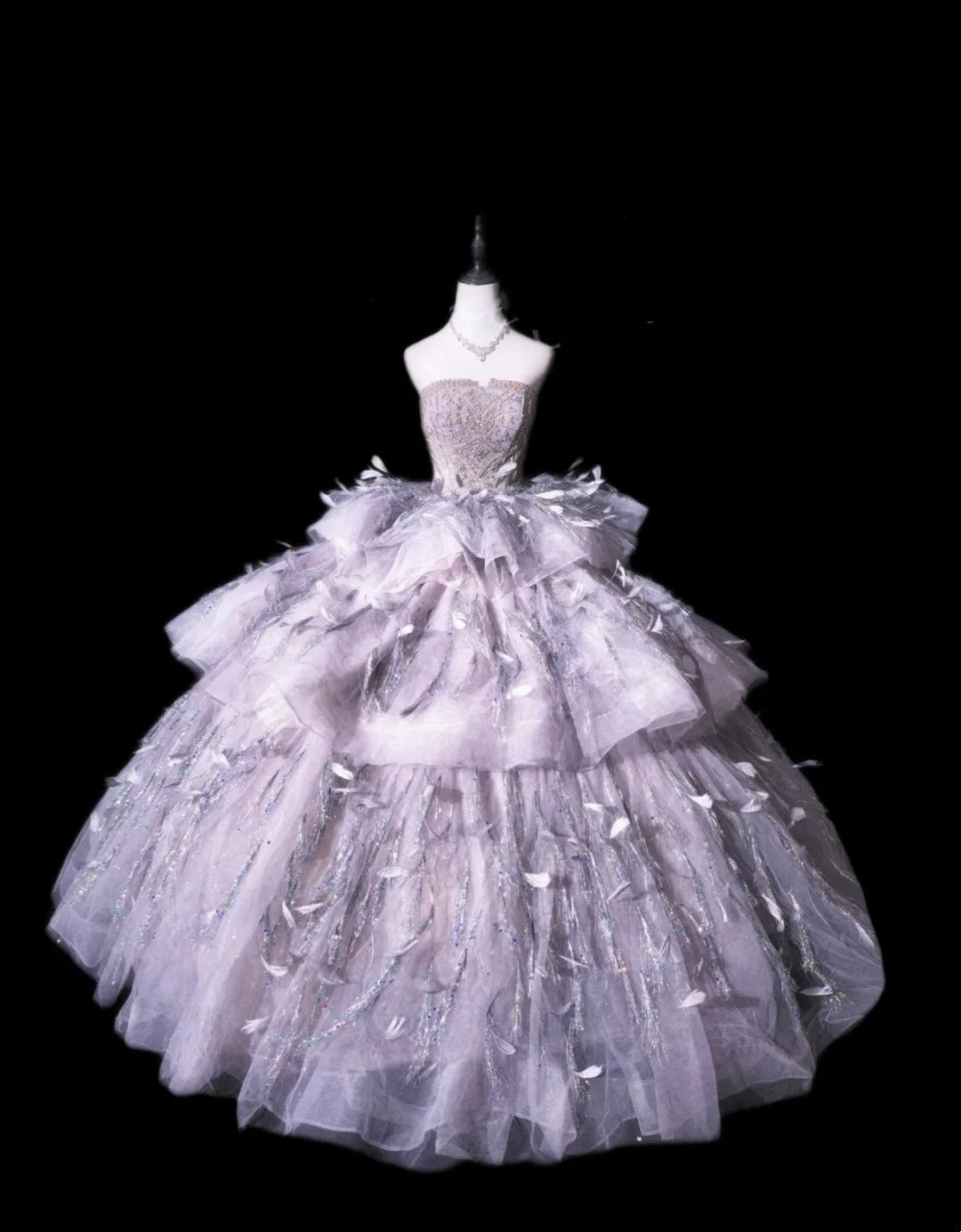 Fairy Luxury Feather Style Lavender Tulle Strapless Multi-Layer Ballgown - Fairy-Tale Wedding & Dinner Showstopper Dress gh6544