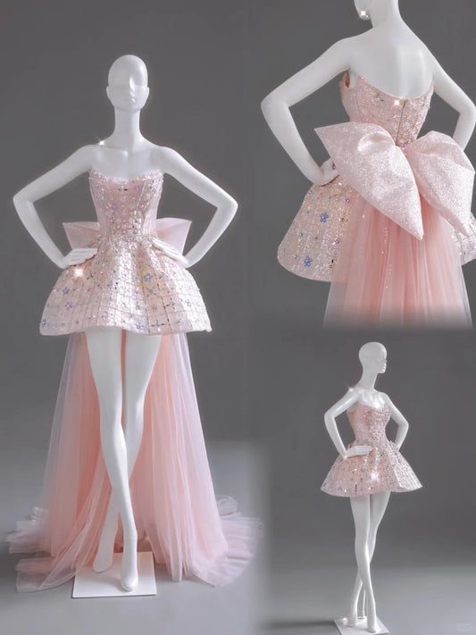 Girlhomeshops-Pink Exquisite Beading Fashion Short Satin Homecoming Dress Birthday Party Dress gh5413