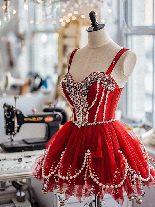 Girlhomeshops-Red gorgeous exquisite beaded chiffon short homecoming dress birthday party dress gh5422