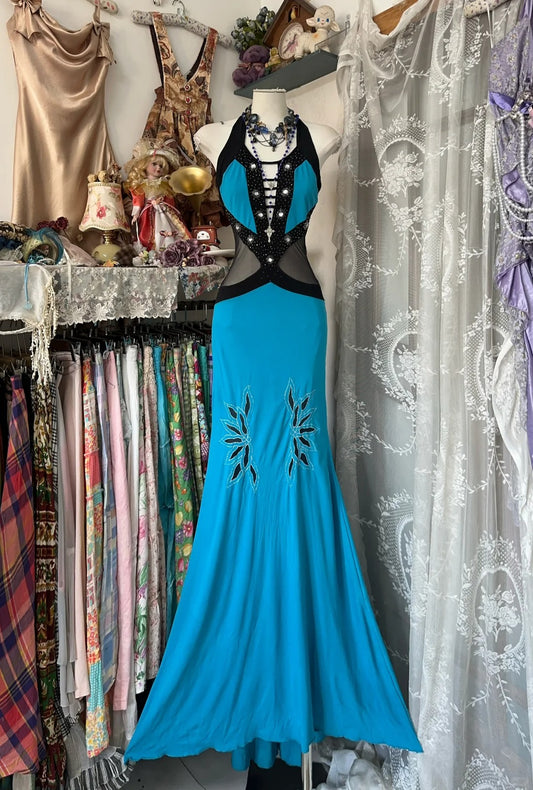 Girlhomeshops-Blue beaded sexy elegant long suspender Prom dress evening dress party dress gh5187