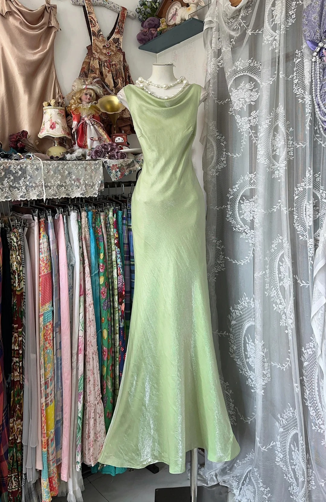 Girlhomeshops-Green simple elegant long satin birthday dress party dress gh5179