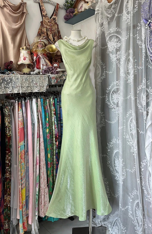 Girlhomeshops-Green simple elegant long satin birthday dress party dress gh5179