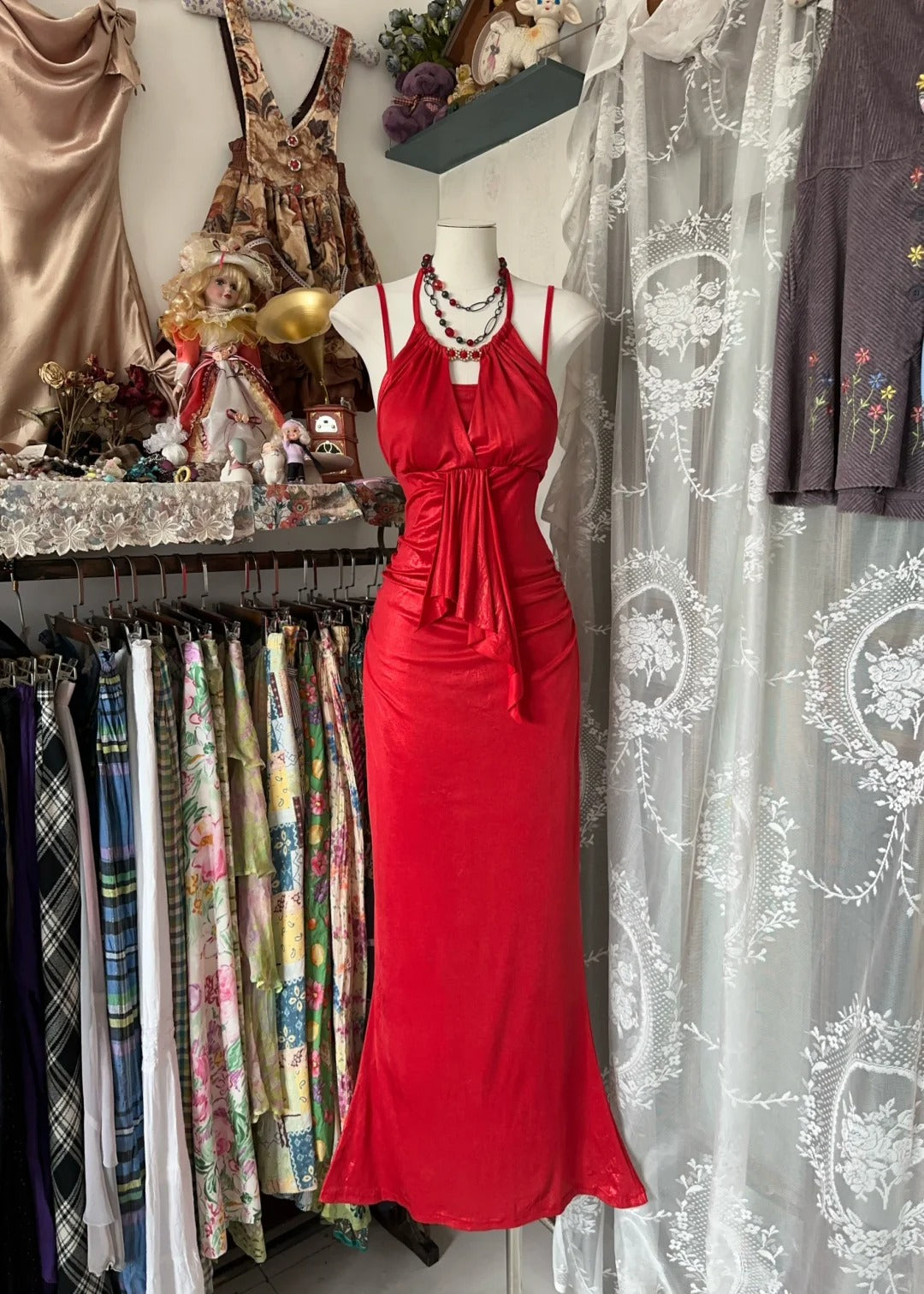 Red vintage long satin ball gown evening dress party dress prom dress gh4340