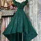 girlhomeshops-Dark Green Jacquard Lace Bow - Decorated Off - Shoulder Floor - Length Dress gh5895
