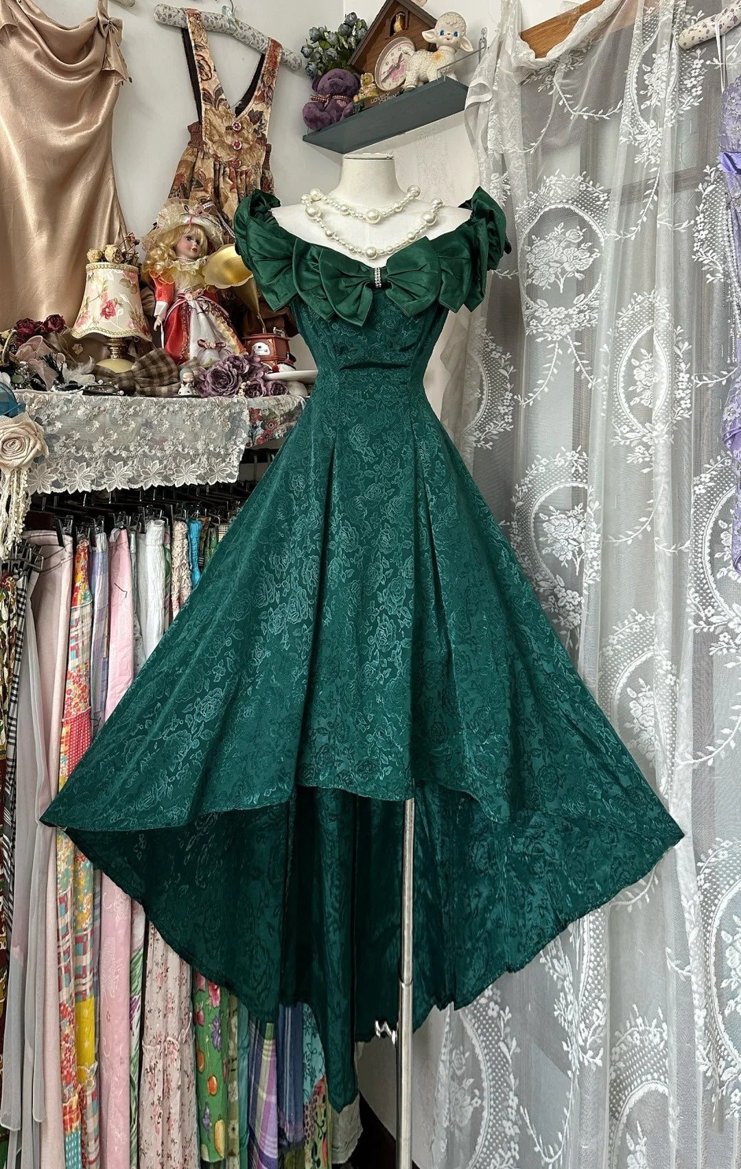 girlhomeshops-Dark Green Jacquard Lace Bow - Decorated Off - Shoulder Floor - Length Dress gh5895