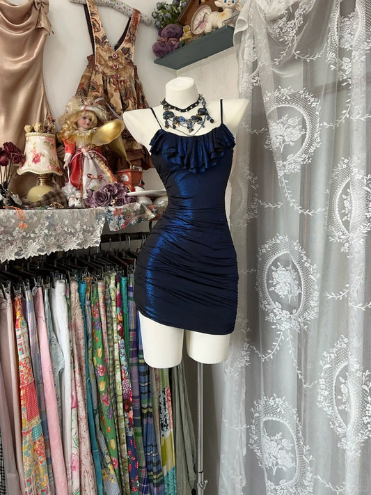 Girlhomeshops-Navy blue shiny vintage short satin tight homecoming dress birthday dress gh5231