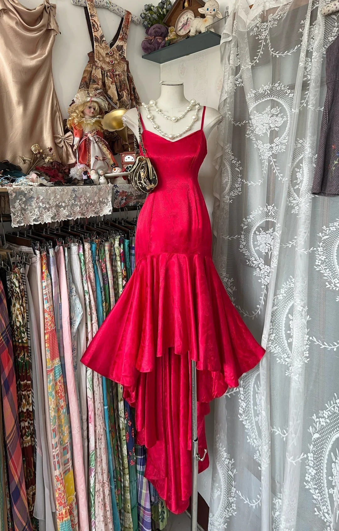 Red Mermaid Beautiful Long Satin Spaghetti Strap Ball Gown Evening Dress Party Dress gh4394