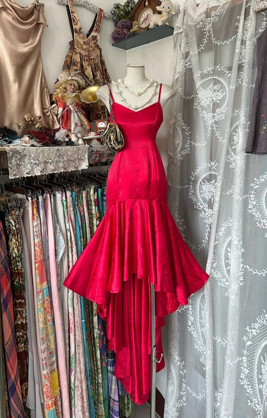 Red Mermaid Beautiful Long Satin Spaghetti Strap Ball Gown Evening Dress Party Dress gh4394