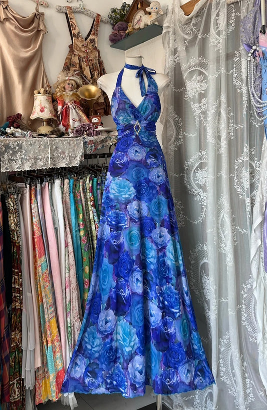 Girlhomeshops-Blue floral vintage elegant long chiffon birthday dress party dress gh5180