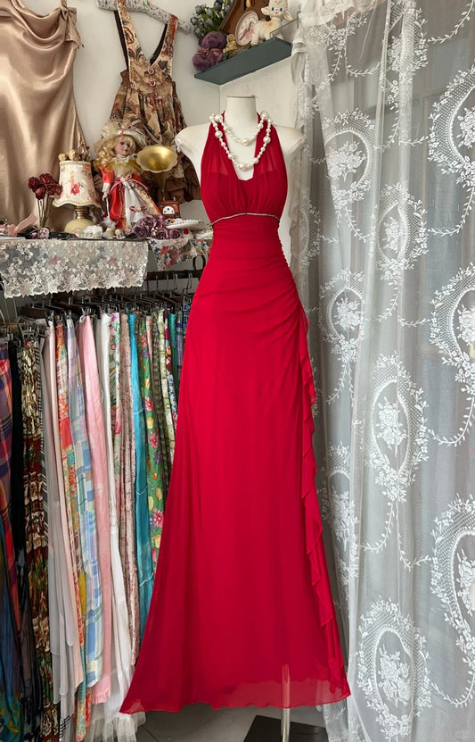 Girlhomeshops-Rote Hosenträger, modisch, rückenfrei, Retro, lang, Chiffon, Ballkleid, Geburtstagspartykleid, gh5433