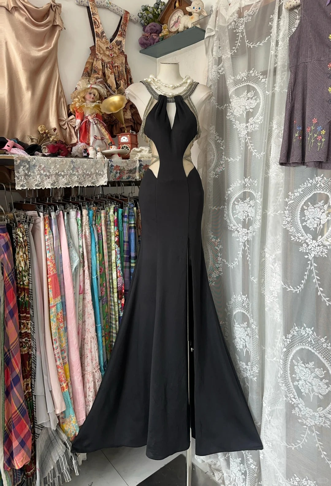 Black Mermaid Beautiful Long Satin Sexy Hollow Ball Gown Evening Dress Party Dress gh4395