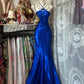 girlhomeshops-Royal Blue Satin Beaded Halter Sleeveless Floor-Length Mermaid Gown gh6324