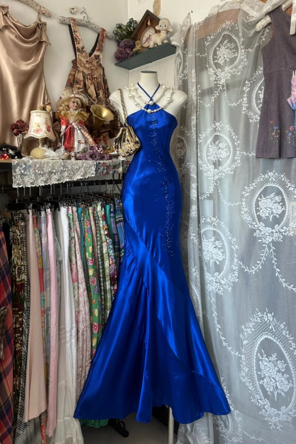 girlhomeshops-Royal Blue Satin Beaded Halter Sleeveless Floor-Length Mermaid Gown gh6324