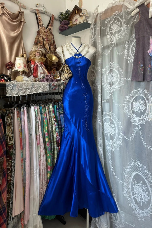 girlhomeshops-Royal Blue Satin Beaded Halter Sleeveless Floor-Length Mermaid Gown gh6324