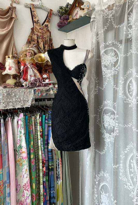 Girlhomeshops-Black beaded vintage short lace chiffon homecoming dress birthday dress cocktail party dress gh5228