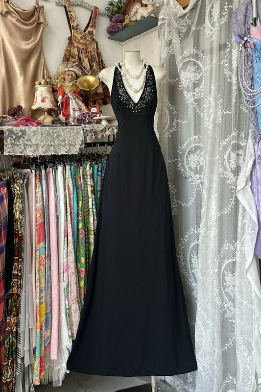 Girlhomeshops-Black floral retro elegant long chiffon Prom dress birthday party dress gh5174