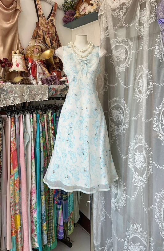 Girlhomeshops-Blue Floral Midi Chiffon Homecoming Dress Party Gown gh5247