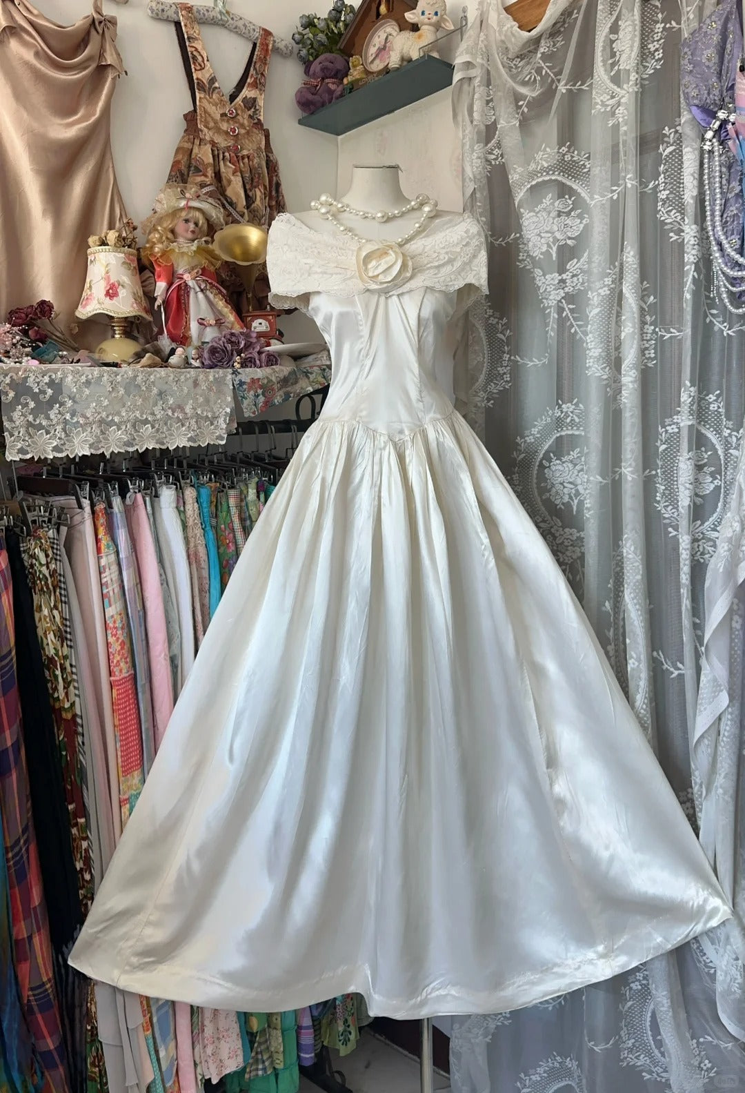 Girlhomeshops-Ivory white floral long satin Prom dress evening dress birthday party dress gh5181