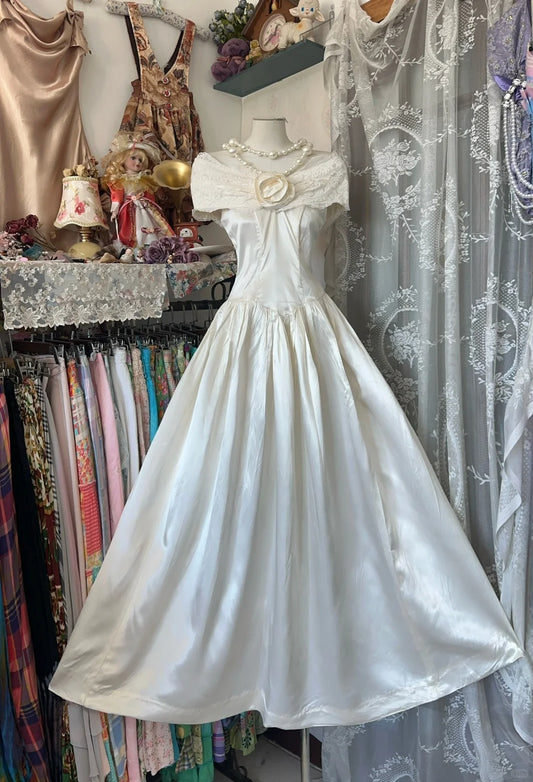 Girlhomeshops-Ivory white floral long satin Prom dress evening dress birthday party dress gh5181