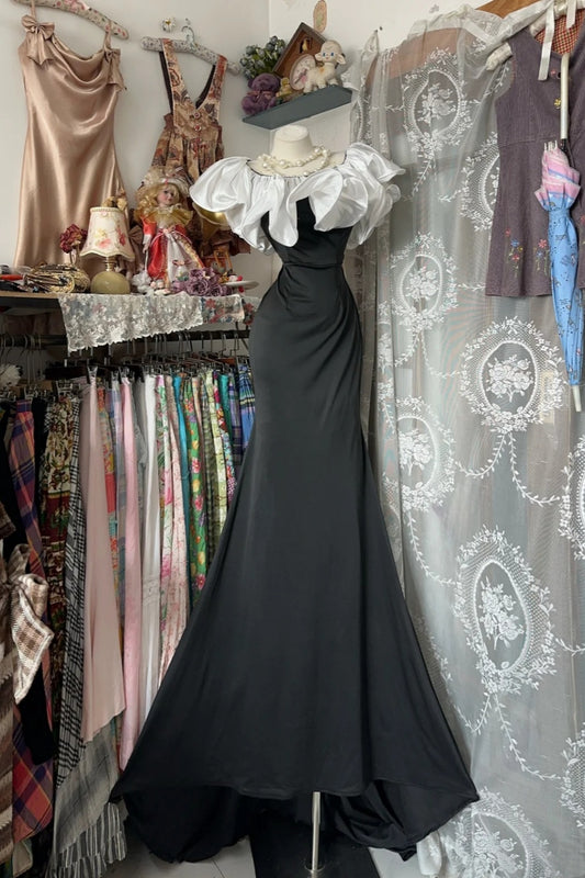 girlhomeshops-Black And White Long Floor-Length Satin Prom Dress gh6234