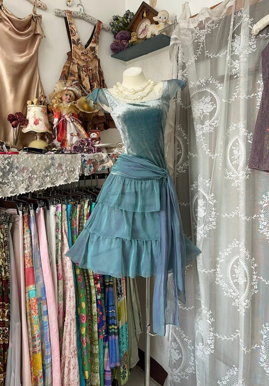 Girlhomeshops-Blue vintage velvet ruffle short chiffon homecoming dress birthday party dress gh5431