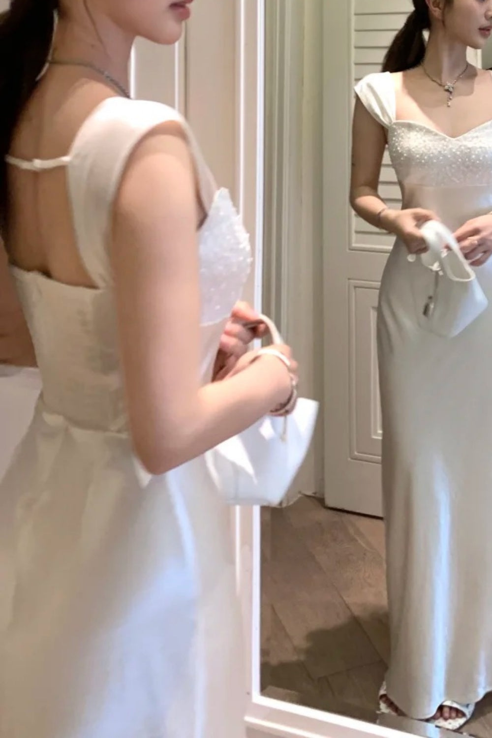 White, Simple Yet Elegant Long Bridesmaid Dress, Birthday Party Dress gh7081