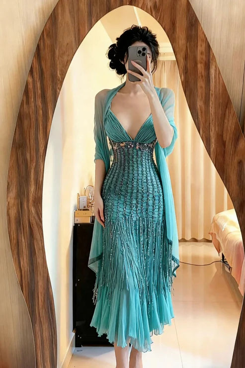 Robe de soirée mi-longue en mousseline de soie, luxueuse et élégante, style rétro, avec pompons et perles, tenue de bal d'anniversaire, gh3973