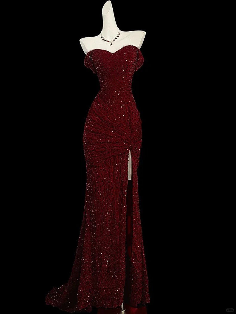 Burgundy shiny hip fishtail sequined ball gown evening dress prom dress gh4363