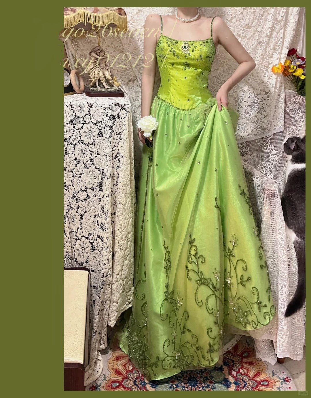 Green exquisite beaded vintage fashion floral long satin tulle ball gown evening dress gh4433