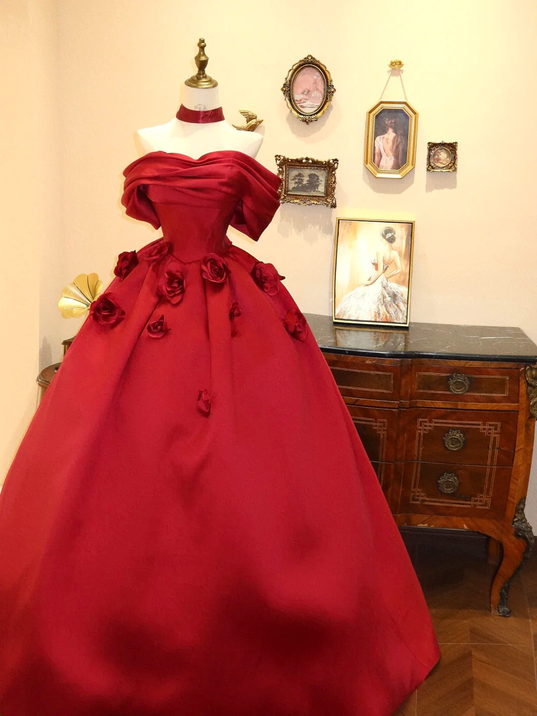 Robe de soirée longue en satin à fleurs, élégante et rouge, robe de bal, robe de remise de diplôme, robe de mariée, robe d'anniversaire, gh4241