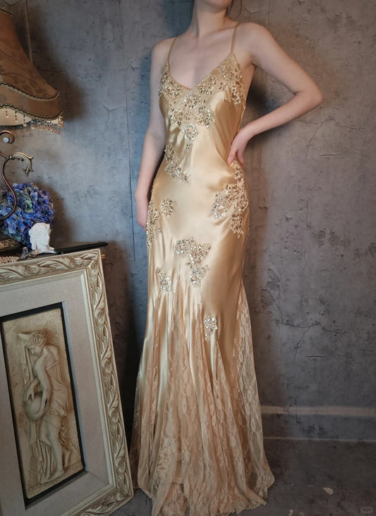 Champagne gold satin beautiful vintage beaded lace ball gown evening dress party dress gh4793