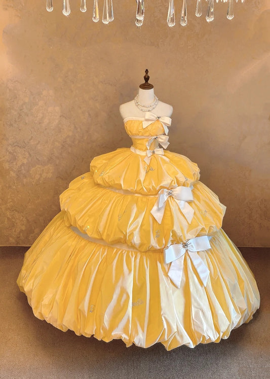 girlhomeshops-Yellow-White Gradient Satin Strapless Sleeveless Bow-Embellished Floor-Length Court-Style Gown gh6358