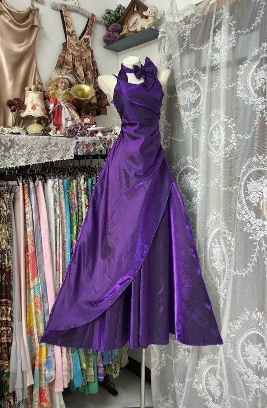 Girlhomeshops--Purple retro elegant long satin prom dress gh5511