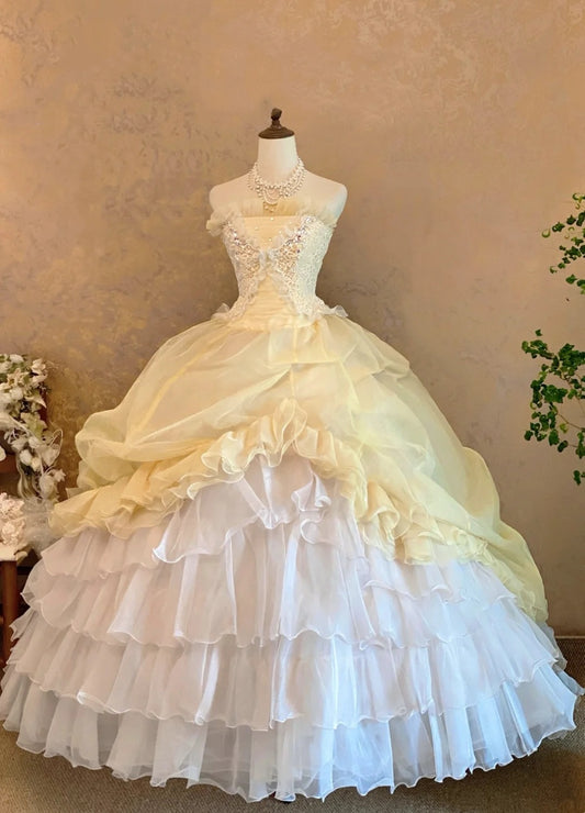 girlhomeshops-Yellow-White Gradient Tulle Strapless Lace Rhinestone-Embellished Floor-Length Court-Style Gown gh6368