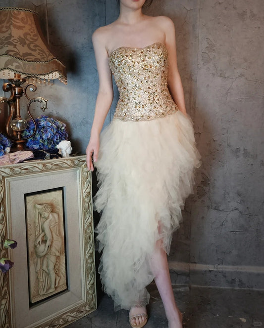 Ivory white gorgeous beautiful vintage long tulle yellow crystal beaded princess style fluffy ball gown evening dress party dress gh4796