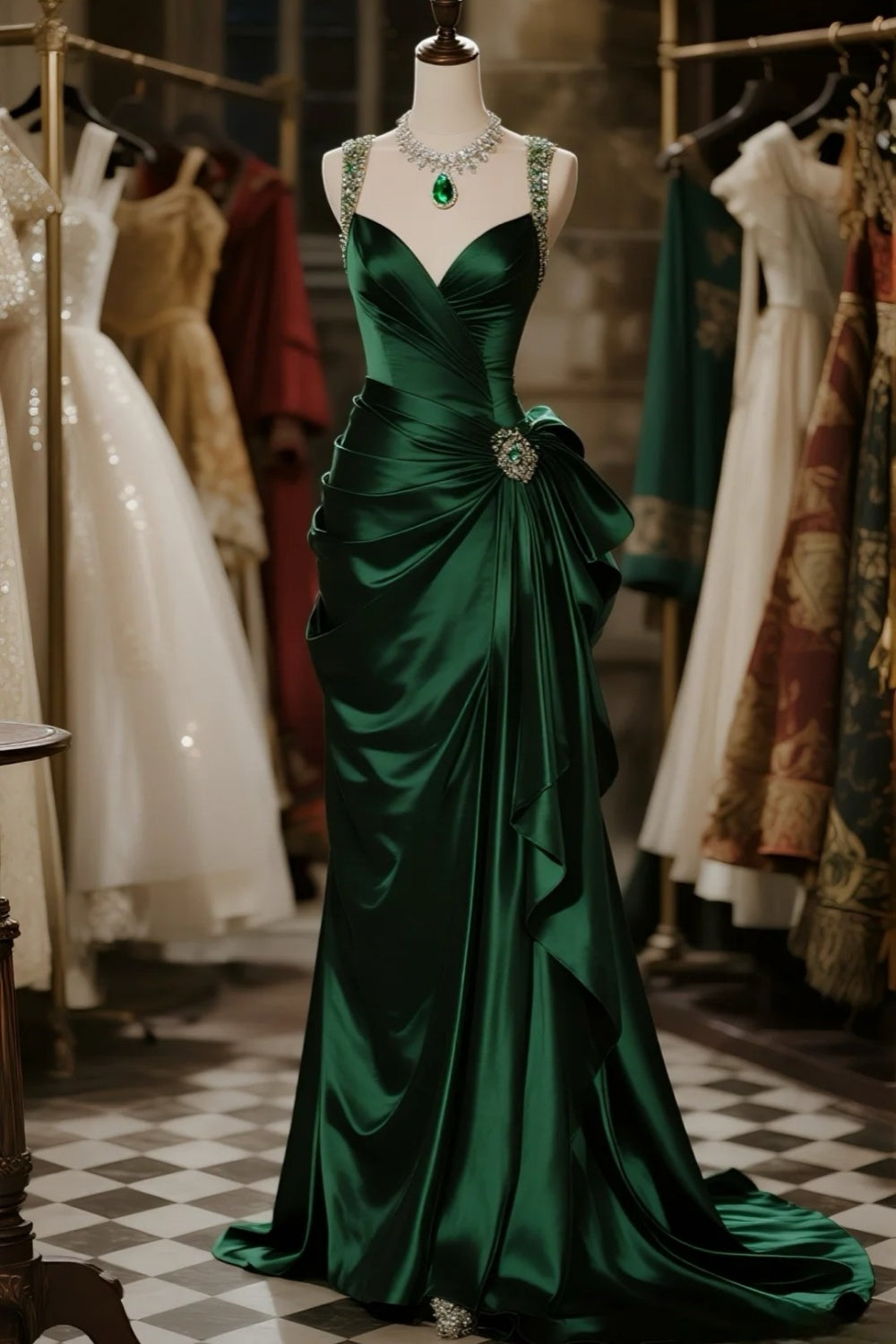 Girlhomeshops - Robe de bal longue en satin vert foncé, sans manches, style bal de promo, gh5873