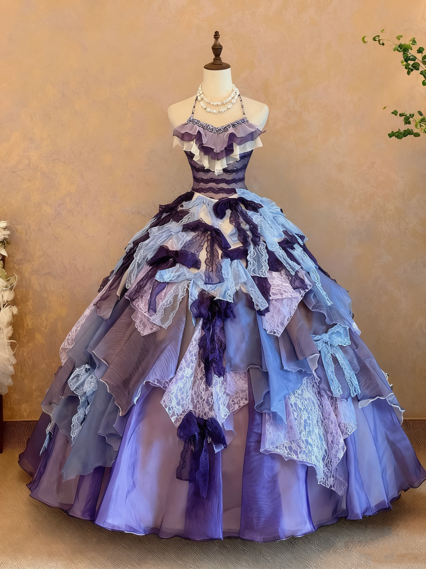 girlhomeshops-Purple-Blue Gradient Tulle Halter-Neck Lace Bow-Embellished Floor-Length Court-Style Gown gh6366