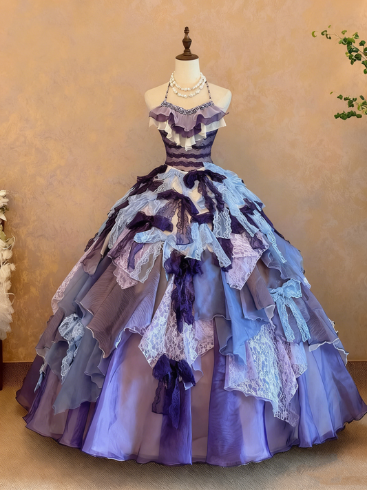 girlhomeshops-Purple-Blue Gradient Tulle Halter-Neck Lace Bow-Embellished Floor-Length Court-Style Gown gh6366