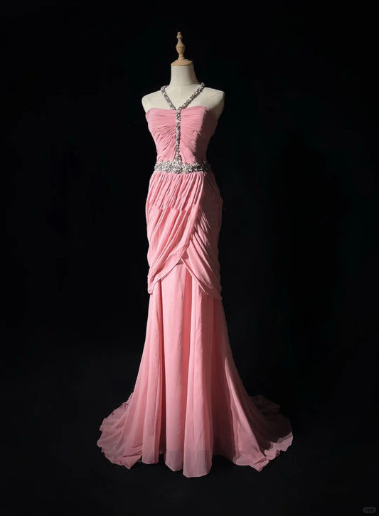 Pink Gorgeous Shiny Elegant Exquisite Beaded Tulle Long Mermaid Floor Length Slim Ball Gown Evening Gown Party Dress Prom Dress gh3851
