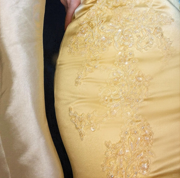 Robe de soirée longue en satin jaune, magnifique et exquise, avec perles, gh4499