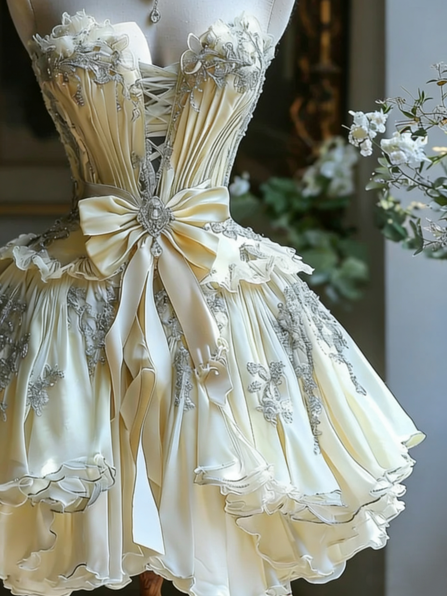 Luxury Sweet Style Cream Gold Satin Beaded Strapless Mini Gown - Birthday Party & Lolita Tea Dress gh6555