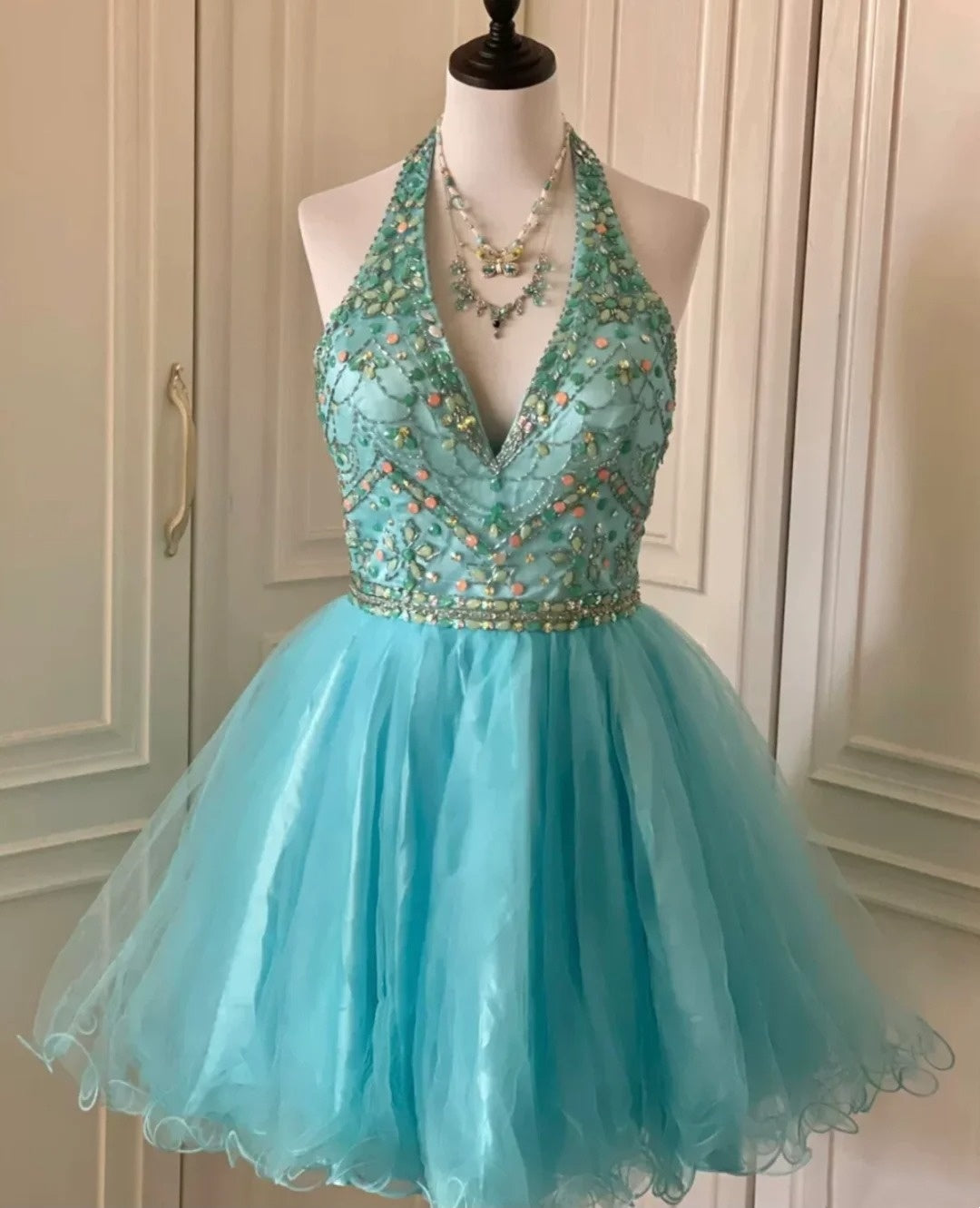 Blue Beaded Short Chiffon Homecoming Dress Prom Dress Birthday Party Dress gh4847