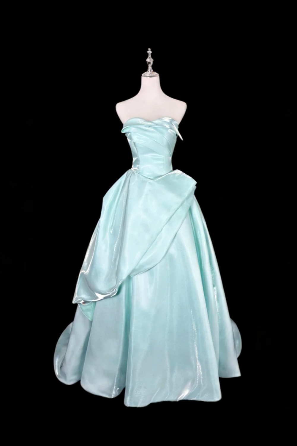 Minimalist Luxury Style Ice Blue Satin 3D Ruched Strapless Ballgown - Dinner & Cocktail Party Gown gh6545